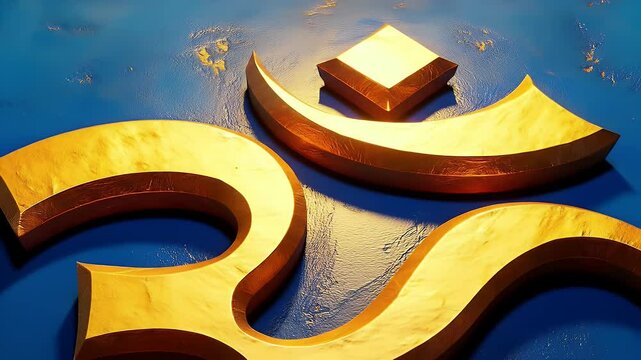 A painted Om symbol in gold over a rich indigo textured background with soft glowing effects &mdash; a spiritual enhancer in Vastu placement.
