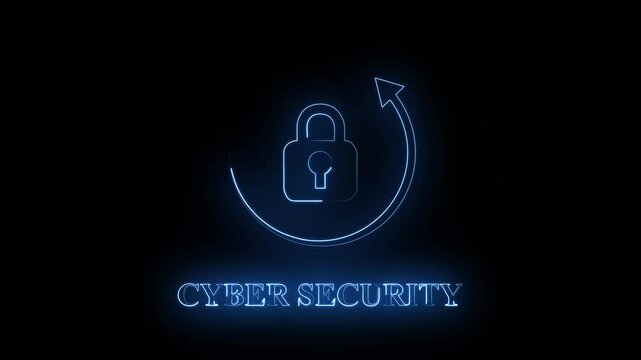 Glowing Security Lock Icon with Directional Arrow Animation and Cyber Security Text. Futuristic Digital Protection UI Element for Motion Graphics and Tech-Themed Stock Footage Projects