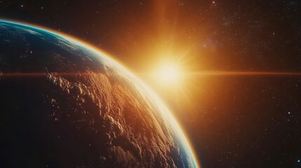 Obraz premium Sunrise over Earth from space, showing the planet's atmosphere and sun's rays.