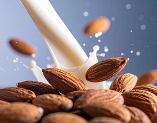 Fresh vegan almond milk pouring into glass surrounded by raw almonds