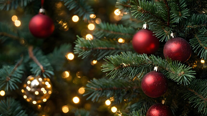 Beautiful Christmas tree branch with shiny red ball ornament for festive decoration, holiday celebration, winter season, cozy home decor and joyful atmosphere background