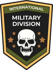 Patch design featuring a skull and stars, representing an international military division, combining military symbolism with a touch of dark humor