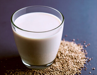 GVegan finger millet milk in clear glass cup with scattered raw ragi seeds nearbyenerated image