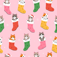 Seamless pattern with cute cats sitting in Christmas socks. Vector graphics. © Екатерина Зирина