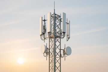 Detailed 3D illustration of a modern cellular communication tower with antennas against a soft pastel sky background at sunset light.