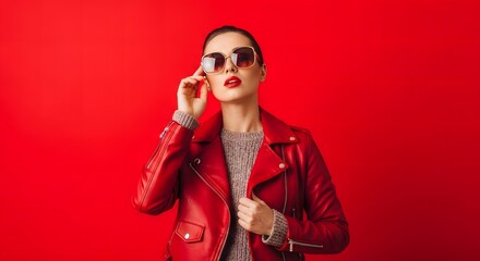 a fashionable woman with sunglasses and a red leather jacket.