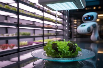 Robotic harvesting of fresh green lettuce on a plate with water droplets falling from an overhead light in a vertical farm
