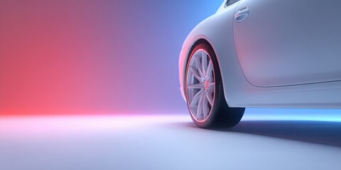 Sleek White Car with Stylish Wheels Against Colorful Background
