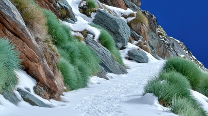 Snow Packed Trail Winding Up Steep Hillside