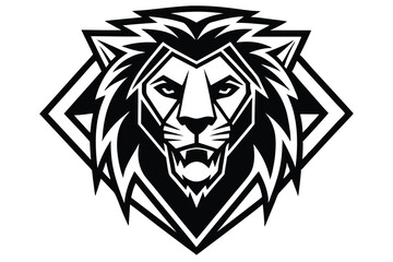 Fierce lion head shows stylized geometric features with sharp teeth in monochrome tones