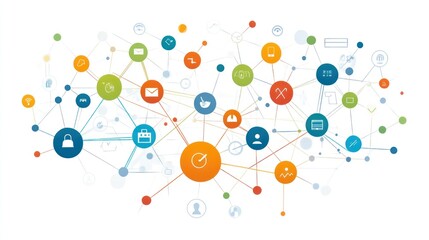 Abstract network graphic with interconnected nodes and lines.  Colored icons represent various data points, showing diverse connections and relationships