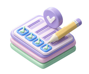 3D render displays a pastel checklist with completed tasks and a pencil on a transparent background.
