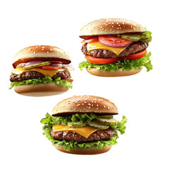 Three Juicy Cheeseburgers Isolated on Transparent PNG