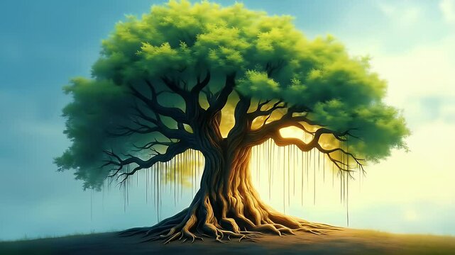 A stylized painting of a Banyan tree with its wide roots and hanging branches, symbolizing stability, strength, and deep-rooted balance in Vastu tradition.
