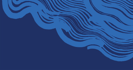 Expressive hand-drawn wave pattern with bold and thin brush strokes. Organic, fluid motion creates a dynamic visual on a deep dual-blue color palette