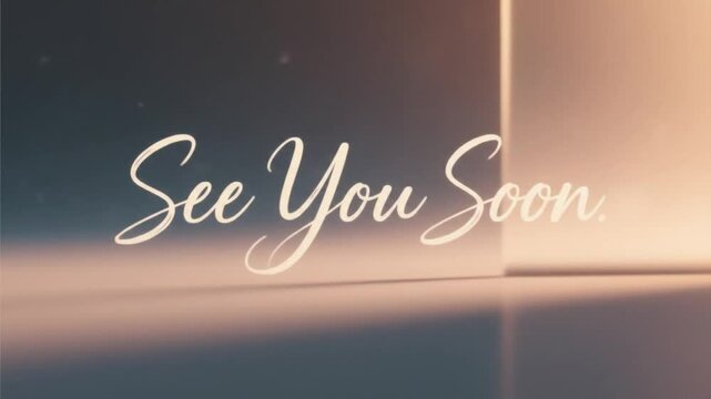 Minimalist &ldquo;See You Soon&rdquo; message in soft white text over a warm peach background with gentle motion blur, suitable for elegant farewell clips and calming outro animations.