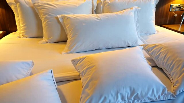 Cozy hotel room with neatly arranged white pillows on a bed, warm lighting in the background