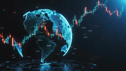 A digital globe with stock market charts represents global finance and technological advancement - Powered by Adobe