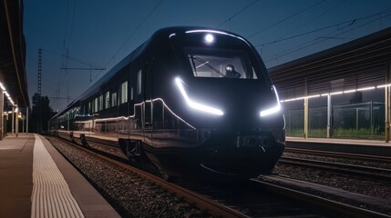 Naklejka premium Modern Train with LED Headlights Illuminating the Tracks at Night at Railroad Station