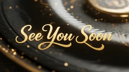 Golden "See You Soon" text over black silk background with sparkling motion, suitable for premium farewells, elegant outro clips, or classy event closings.