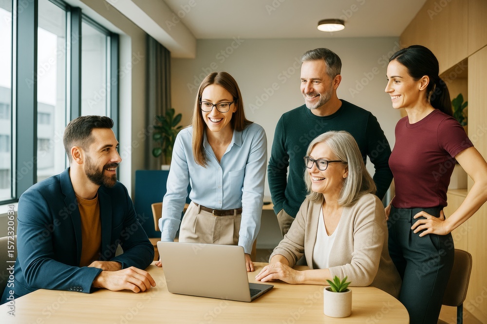 Aufkleber group of diverse professionals collaborating on laptop in modern office with natural light and frien