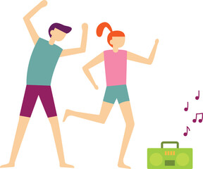 Couple dancing joyfully together, surrounded by vibrant music notes emanating from a portable stereo, embodying an active lifestyle filled with leisure, fun, and shared happiness
