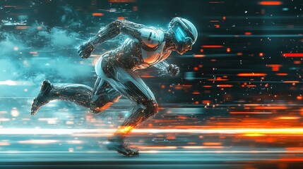 A futuristic athlete with cybernetic leg enhancements running at super speed 