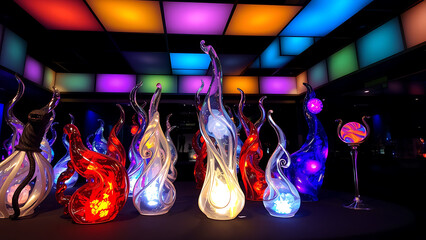 Display of illuminated glass sculptures with colorful lights in a dark room setting