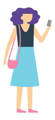Full length illustration of a young woman with purple hair holding a smartphone in one hand and a pink bag over her shoulder, suggesting a casual and connected lifestyle