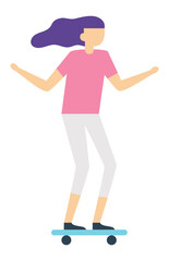 Minimalist illustration of a female skater balancing on a skateboard with arms outstretched, enjoying the ride with purple hair flowing in the wind