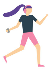 Sporty girl jogging while enjoying music through headphones and holding a smartphone, embodying a vibrant and active lifestyle focused on fitness and wellness