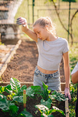 Young farmer wiping sweat from forehead while gardening in raised bed