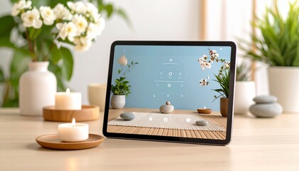Fototapeta premium Guided meditation app screen mockup displayed on a tablet, clean and minimal user interface with soothing icons and soft typography, placed against a gentle nature-inspired background with pastel tone