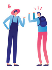 Farmer and student arguing, with the farmer complaining and the student raising hands in disagreement, highlighting the generation gap and communication problems