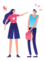 Young woman scolding a student holding a backpack, concept of conflict, quarrel, disagreement, stress, misunderstanding, problems and communication issues