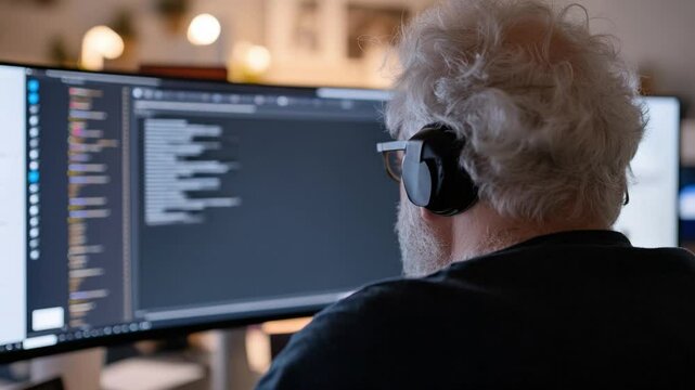 Tech Wizard's Code: A seasoned coder, focused in his realm, is immersed in his dual-monitor setup. This portrays the depth and dedication of a tech expert, working in a modern, dynamic environment.
