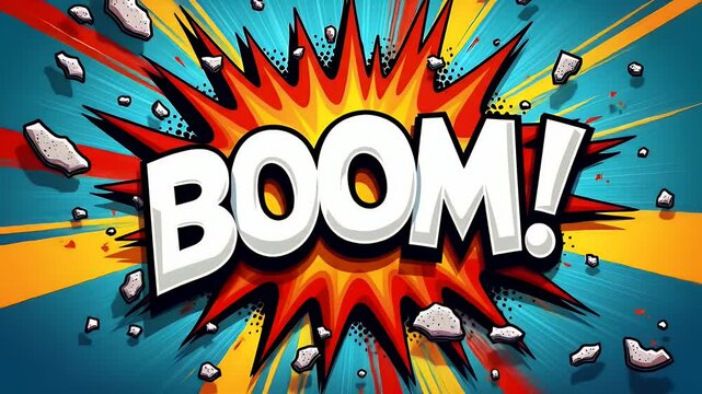 A comic-style background explosion with &ldquo;BOOM!&rdquo; in the center, surrounded by scattered debris and diagonal motion lines.
