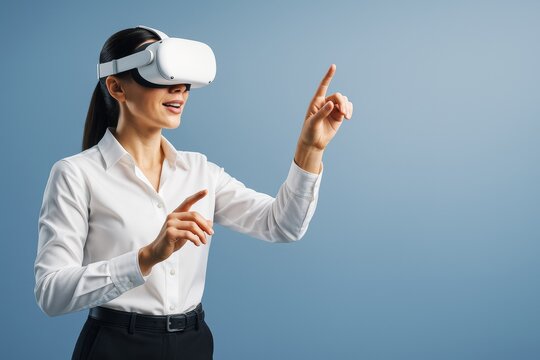 Businesswoman using virtual reality headset and interacting with digital interface in immersive environment on light blue background.