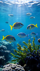 Fototapeta premium A Vibrant Coral Reef with Tropical Fish and Sun Rays Underwater,4k