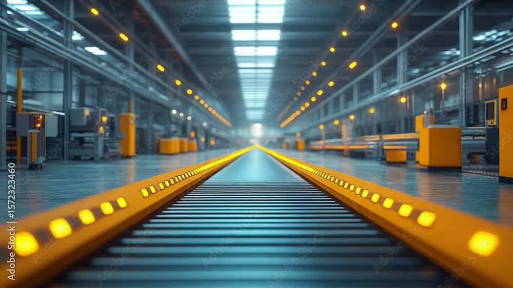 Poster automated assembly line: a photorealistic perspective of an expansive factory interior showcases an 