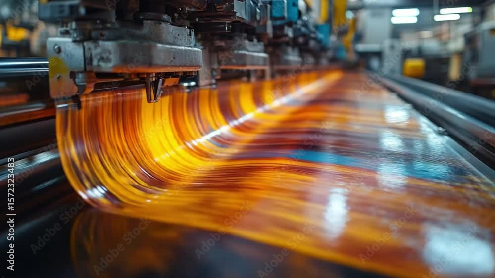 Poster textile manufacturing process: close-up view of a high-tech textile machine in operation, showcasing
