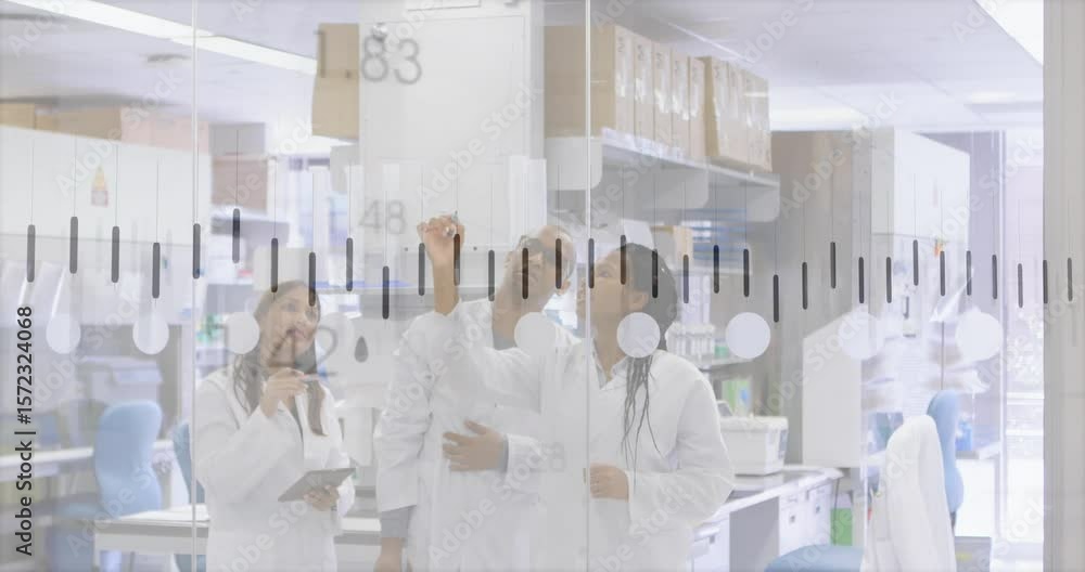 Poster bars appearing on clear panel leading scientists tapping tablet annotating graph analyzing lab data