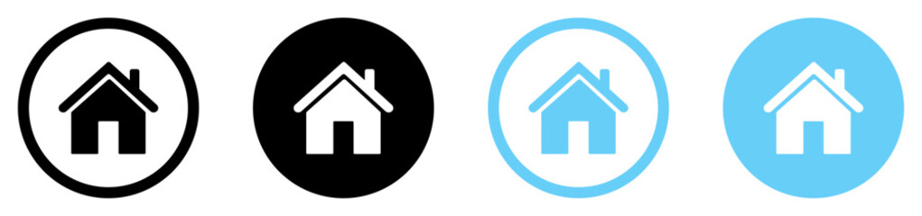 Set of modern home icons in black and blue circular styles. Ideal for website menus, mobile apps, UI, UX interfaces, and real estate branding. Isolated vector symbols.