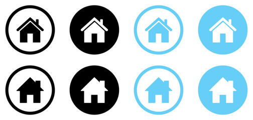 Set of modern home icons in black and blue circular styles. Ideal for website menus, mobile apps, UI, UX interfaces, and real estate branding. Isolated vector symbols.