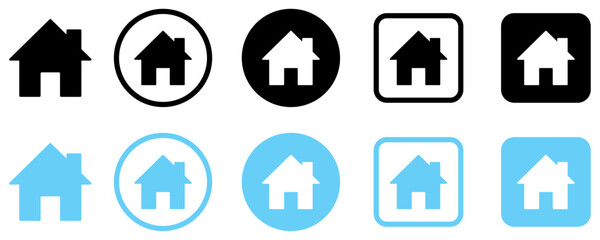 Collection of home icons in black and blue color, displayed in various shapes including circle and square. Perfect for website, apps, UI design, real estate, and navigation tools. Vector illustration.