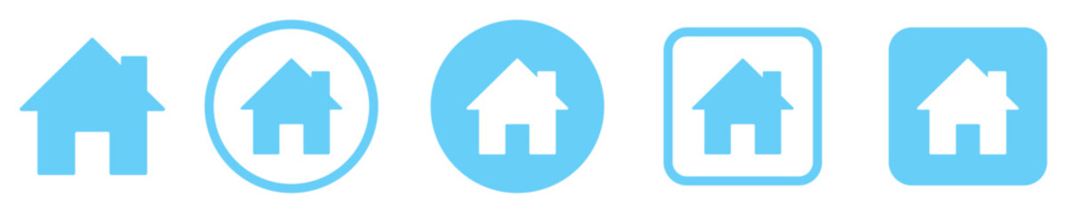 Set of blue home icons in various styles. Solid, outline, round and square formats. Isolated vector illustration. Ideal for UI, web apps, real estate, and mobile navigation design elements.