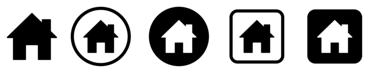 Collection of simple home icons in various style. Solid, outline, circle, and square formats. Ideal for UI, web apps, real estate, and mobile navigation design elements. Isolated vector illustration.