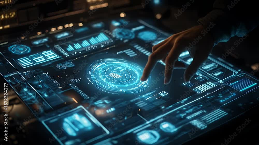 Poster a hand interacts with a futuristic touch screen interface displaying glowing blue data