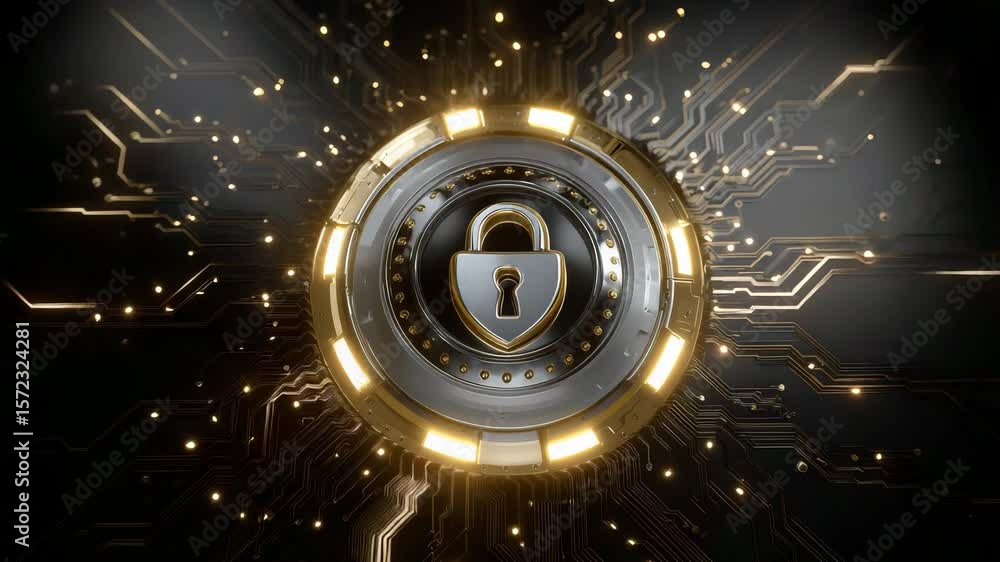 Poster high-tech data security concept with shield and lock symbol surrounded by digital circuitry glow on 