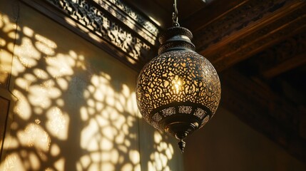 Ornate hanging lamp casts intricate shadows